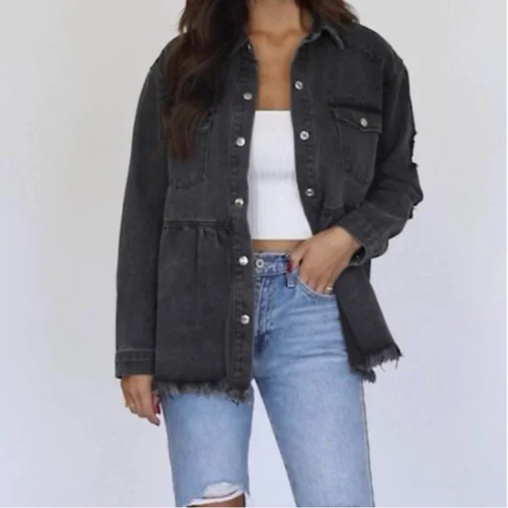 NWOT Pink Lily | Nothing To Gain Black Distressed Denim Peplum Jacket | XS